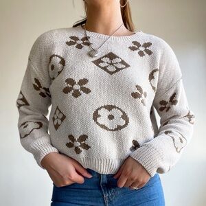 Vinizebena Chunky Knit Cream & Brown All Over Print Sweater Chic Maximalism